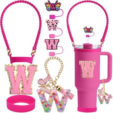 Imagem de ZYBIDEAL Conjunto de acessórios para Stanley Cup, capa de canudo com letra de 0,4 polegadas, alça de garrafa de silicone, bota para Stanley 30 e 1,134 g, pingente inicial e adesivo (letra W, rosa)