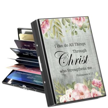 Imagem de GYSYSQSH Carteira de metal para mulheres, homens e meninas, com bloqueio de RFID, fino porta-cartões de crédito de alumínio, Versículo da Bíblia Filipenses 4-13, Credit Card Holder, Minimalista