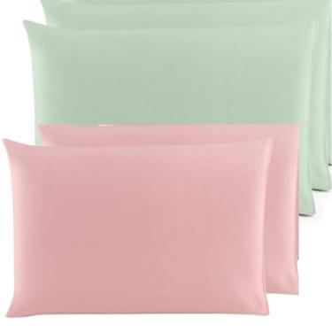 Imagem de Kit 4 Fronhas (2 Pares) 100% Algodão Em meia malha fio 30/1 para travesseiro 70 x 50 cm (Rosa+Verde)