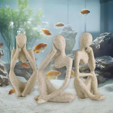 Imagem de 3 peças de enfeites de aquário de peixes minimalista estátua de pensador de arenito decorações de aquário pequenos acessórios resina abstrata decoração de casa brinquedo de peixe para betta ciclídeo