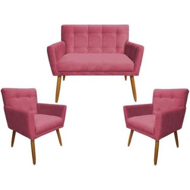 Imagem de Kit Namoradeira + 2 Poltronas Decorativa Onix Suede Rosa Pés Madeira M