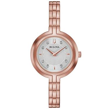 Imagem de Bulova Relógio feminino Rhapsodyquartzo, diamante de aço inoxidável, tom de ouro rosa (modelo: 97P145)