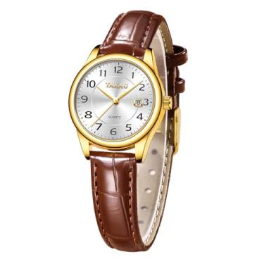 Imagem de Taxau Relógio feminino com pulseira de couro com data diurna quartzo analógico rosto pequeno clássico relógio feminino algarismos arábicos vestido elegante Reloj Mujer, Pulseira de couro marrom face