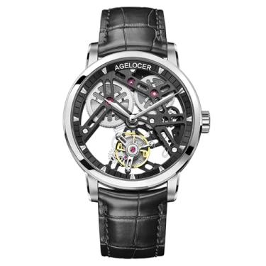 Imagem de AGELOCER Relógio mecânico de luxo masculino com turbilhão | Relógios manuais esqueleto para homens | Relógio social à prova d'água para ocasiões formais e de negócios | Vidro de safira | Resistente à