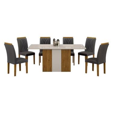 Imagem de Mesa de Jantar Doha 160x80 Reto Freijó Decor Off White com 6 Cadeiras Freijó Joli Chumbo - Leifer Móveis