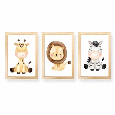 Imagem de Kit 3 Quadros Decorativos Infantil com Moldura Safari - Leão, Girafa e Zebra - 20 x 30cm - Decoração Quarto Bebê (Pinus)