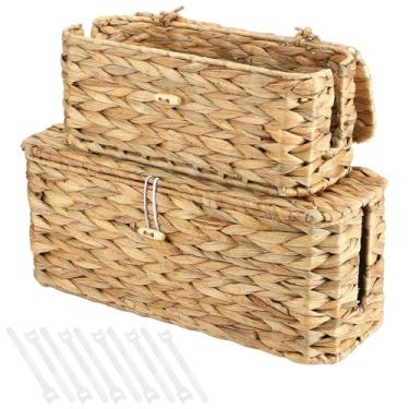 Imagem de Pacote com 2 caixas de gerenciamento de cabos de vime com tampa, organizador de cabos de vime, caixa de armazenamento com 2 compartimentos abertos para casa, escritório, escrivaninha, fios de