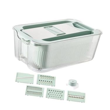 Imagem de IEUDNS Fatiador Mandoline com Cesto de Drenagem para Batata, Cenoura, Ralador de Queijo, Cortador de Frutas Profissional, Fatiador de Vegetais Multifuncional, Azul com 6 Lâminas