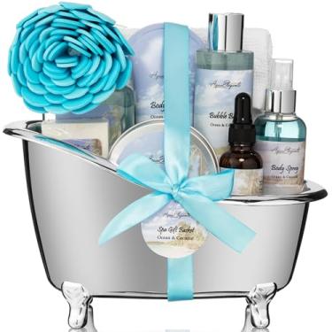 Imagem de Aqua Elegante Cestas De Presentes Spa Para Mulheres - Conjunto Banho Luxo Com Oceano E Coco. Inclui Sabonete Líquido, Espuma, Loção, Manteiga, Sabonete, Óleo, Esponja Toalha.