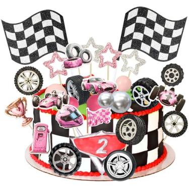 Imagem de Gyufise 41Pcs Racing Wheel Cake Topper Star Foam Ball Flag Tyre Cake Decorations for Man Boy Kid Birthday Party Racing Theme Party Race Car Party Favor Supplies Pink