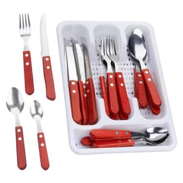 Imagem de Faqueiro Inox Cabo Madeira com Bandeja Organizadora 24pçs - Mm House