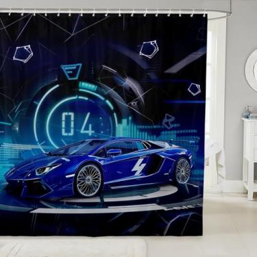 Imagem de Erosebridal Cortina de chuveiro azul para carro esportivo 182 x 182 cm, cortina de banheiro de carro de corrida para crianças, meninos e meninas, cortina de banho de carro de corrida legal, para