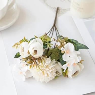 Imagem de Flores artificiais, buquê de rosas, botões de chá, caixa de doces, vaso, decoração de quarto, guirlanda de festival, casamento, seda, hortênsia, flores falsas (3 peças/branco)