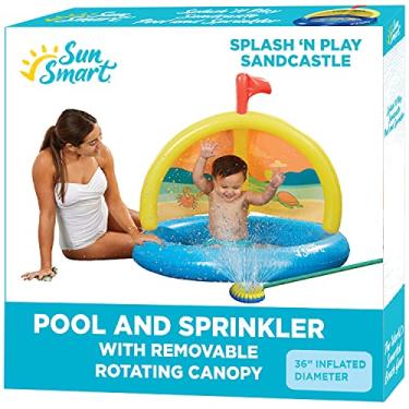 Imagem de SunSmart Splash ‘N Play Sandcastle Kiddie Pool and Water Sprinkler, 360 Rotating Shade, Inflatable Kids Splash ‘N Play Pool and Sprinkler, 36” Wide