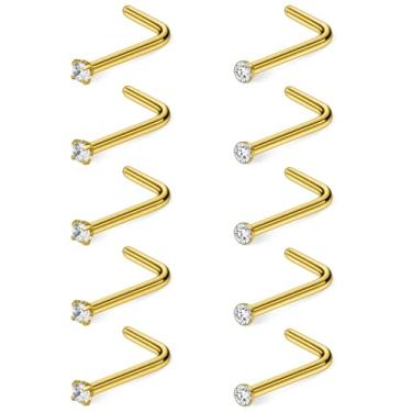 Imagem de Hoeudjo Kit de anéis de nariz de zircônia cúbica de aço cirúrgico para mulheres e homens minúsculos parafusos de nariz e osso e joias de piercing de narina em forma de L calibre 22-18 10 peças, Metal
