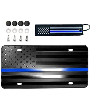 Imagem de American Black USA Law Enforcement Police Support Honoring Embossed Flag Custom Designed Aluminum 4 Hole License Plate, 3D Stars and Stripes Patriotic Vanity Gift Textile US Flag Keychain