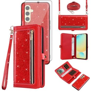 Imagem de Asuwish Capa de celular para Samsung Galaxy S24 FE 5G Carteira com zíper destacável com protetor de tela alça de cordão Bling Glitter Flip Card Slot S 24 EF AI S24FE 24S Mulheres Homens Meninas