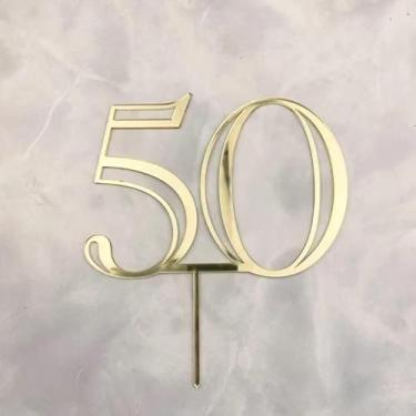 Imagem de Topo de bolo dourado de 50º aniversário - decoração acrílica, enfeite de bolo de 50 aniversários/aniversário, decoração de festa, lembrança "50 anos de amor" para renovação de casamento