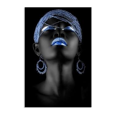 Imagem de SDYJ6GSW Pintura de parede afro-americana impressões de mulher azul e negra em tela abstrato preto retrato pôster para decoração de casa 75 x 50 cm (30 x 20 pol) pôster