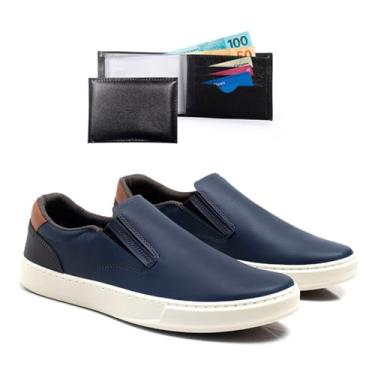 Imagem de Kit Tenis Casual Iate Masculino Com Carteira Resistente Sapatenis Confortavel Leve Macio Dia A Dia Slip On (Azul marinho, BR, Adulto, Numérico, 42)