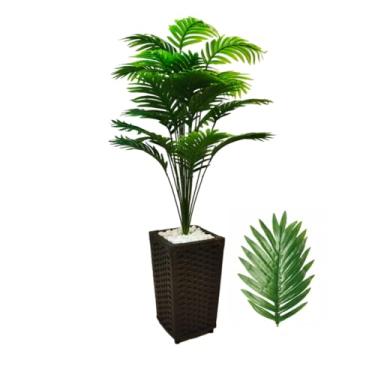 Imagem de Planta Artificial Palmeira 18 ou 24 Folhas + Vaso Decorativo em Fita Sintética(Marrom Trançado 24 Fls.)
