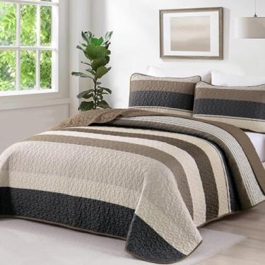 Imagem de Dinjoy Conjunto de colcha Queen, colcha listrada, marrom claro, conjunto de cama de 3 peças de microfibra leve boho com 2 fronhas para outono e inverno, 248 cm x 239 cm