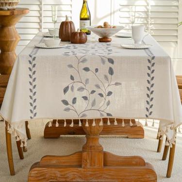 Imagem de KAIJIE Toalha de mesa retangular texturizada estilo rural toalha de mesa de algodão e linho bordado com decorações de borla para casa 100 x 160 cm