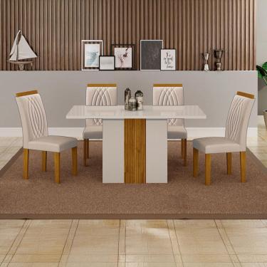 Imagem de Conjunto de Mesa Retangular com Tampo de Vidro Off White e 4 Cadeiras Doha Veludo Palha