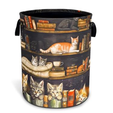 Imagem de Gato na estante cesto de roupa suja fofo animal de estimação dobrável à prova d'água pano oxford bolsa engraçada cesto de roupa balde de roupas organizador de brinquedos para banheiro/armazenamento de