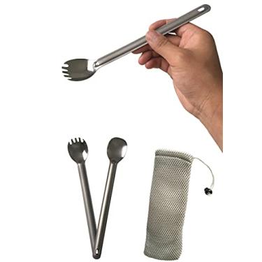 Imagem de DZRZVD Colher e colher de titânio longa com alça de titânio, colher de sopa de 21,5 cm polida, colher e colher de café, conjunto de talheres portáteis para viagem e acampamento
