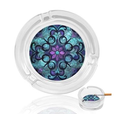 Imagem de Cinzeiro de vidro de cristal com padrão de vitral, cinzeiro redondo resistente para fumar cinzeiro portátil decorativo moderno para uso em casa, escritório, interior, exterior, pátio