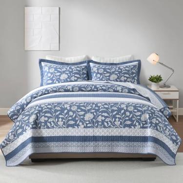 Imagem de PERHOM Colcha Queen 100% algodão, colcha queen size com 2 fronhas, estampa floral azul e branca, edredom macio leve, conjunto de cama acolchoada de fazenda, 3 peças