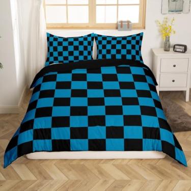 Imagem de Feelyou Jogo de cama xadrez para adolescentes e homens, azul, preto, xadrez, tamanho solteiro, crianças, meninos, meninas, retrô, neutro, quadriculado, geométrico, vintage, decoração de quarto