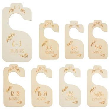 Imagem de Tcwhniev Divisórias de madeira para armário de bebê, separadores de tamanho de roupas de berçário de madeira dupla face, organizadores de armário de bebê, lindos divisores de armário pendurados para