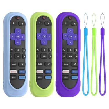 Imagem de Capa de silicone para controle remoto Roku TV, capa de silicone compatível com a maioria dos controles remotos Roku Voice, lavável à prova de choque, capa Roku Rmote com cordão (verde claro + azul