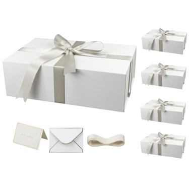 Imagem de YINUOYOUJIA Pacote com 5 caixas de presente brancas grandes com tampa, caixa de presente magnética de 35,5 x 23 x 11,4 cm com fita, cartões e envelopes para presentes, ótima para casamento