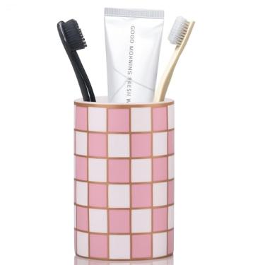 Imagem de Suporte de escova de dentes de banheiro xadrez, suporte de escova de dentes de cerâmica preto e branco de banheiro, caixa de escova de dentes moderna, usado para rack de armazenamento de bancada de