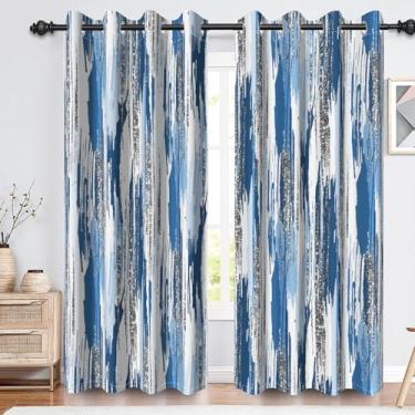Imagem de Renaiss Cortinas blackout de pintura abstrata para quarto aquarela azul ombré grafite cortina de janela moderna padrão listrado cortinas com isolamento térmico para decoração de sala de estar