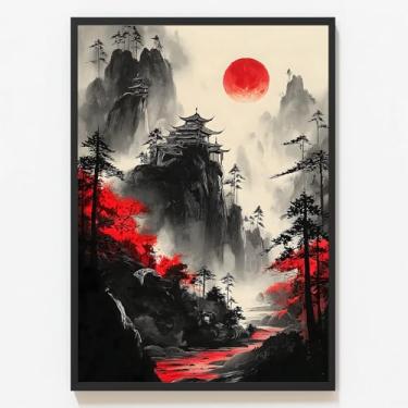 Imagem de Arte de parede em tela de flor de cerejeira japonesa aquarela natureza montanha pôsteres vermelho lua cheia tela paisagem asiática arte de parede vermelho preto branco imagens vintage pintura estética