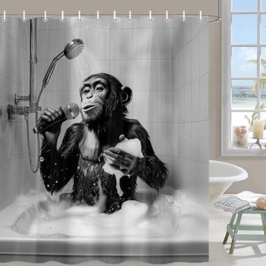 Imagem de Cortina de chuveiro engraçada, preto, cinza, macaco, macaco, chimpanzé, cantando na banheira, conjunto de cortinas de chuveiro masculinas, crianças, meninos, conjunto de cortinas de banheiro, modernas