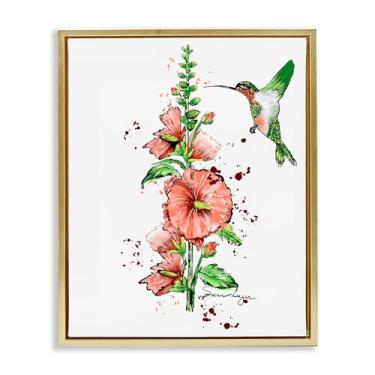 Imagem de Stupell Industries Design de arte de parede em tela flutuante dourada beija-flor e hollyhock por Susan Lugar, 53 x 43 cm