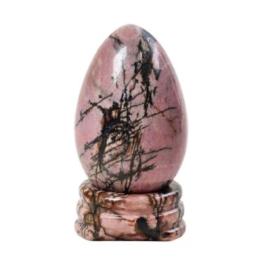 Imagem de Casaper Natural Rhodonite Egg with Crystal Stand, Polished Stone Healing Figurine, 1.7" Decorative Sculpture for Home Office Yoga Meditation