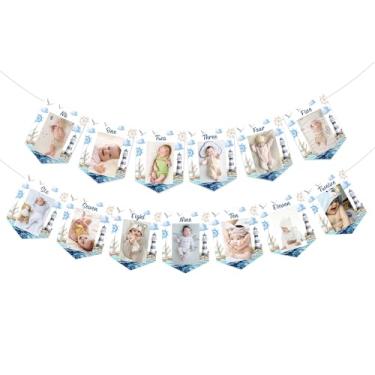 Imagem de Nautical First Birthday Decoration Blue Watercolor Nautical Theme New Born To 12 Months Photo Banner Sailor 1st Birthday Decor Ocean Sailing Anchor Sailboat Lighthouse One Year Old Bday Party Supplies