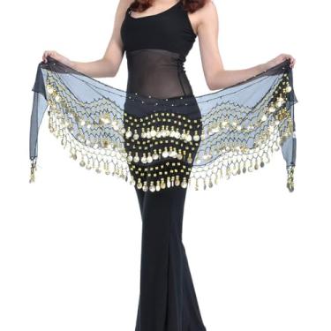 Imagem de Cachecol WAYDA Hip para dança do ventre, cachecol de dança do ventre com 128 saias de moedas de ouro para dança do ventre, zumba ou aula de ioga, excelente para prática de dança do ventre, Preto