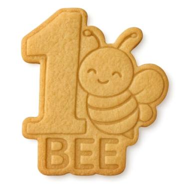 Imagem de Mighty Gadget Número 1 com cortador e carimbo de biscoito de abelha sorridente - 10 x 9 cm, design adorável para assar no primeiro aniversário (cor aleatória)