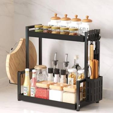 Imagem de Organizador de Cozinha 2 Andares em Metal Preto, 44,8 x 22,5 x 41,5 cm Suporte para Condimentos e Utensílios