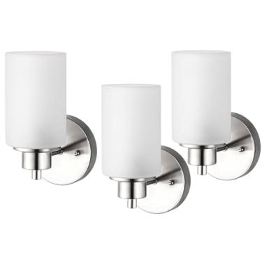 Imagem de WYNEYET Pacote com 3 luzes de arandelas de parede de níquel escovado, luminárias de banheiro com sombra de vidro fosco branco, iluminação de parede de banheiro elegante para quarto, sala de estar