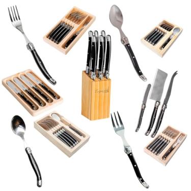 Imagem de Jogo Talheres Laguiole Luxo Inox Com Cepo Com Bandeja Garfos Colheres Facas Para Queijo Sobremesa 32 peças