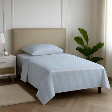 Imagem de Carressa Linen Lençóis listrados de algodão egípcio tamanho GG - 600 fios, 3 peças, damasco, solteiro, GG, bolsos profundos, roupa de cama de dormitório universitário de trama de cetim, serve em