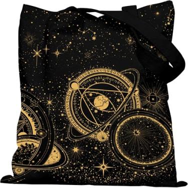 Imagem de Dyale Sacola feminina de lona com fecho de pressão, sacola com estampa dupla face preta com alças largas nos ombros e bolso interno para viagem, compras, trabalho, viagens